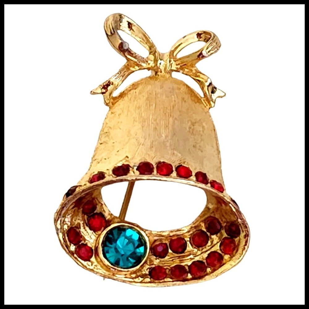 Vintage Christmas Bell Gold Tone Rhinestone Green‎ Red Bow Scarf Pin Brooch